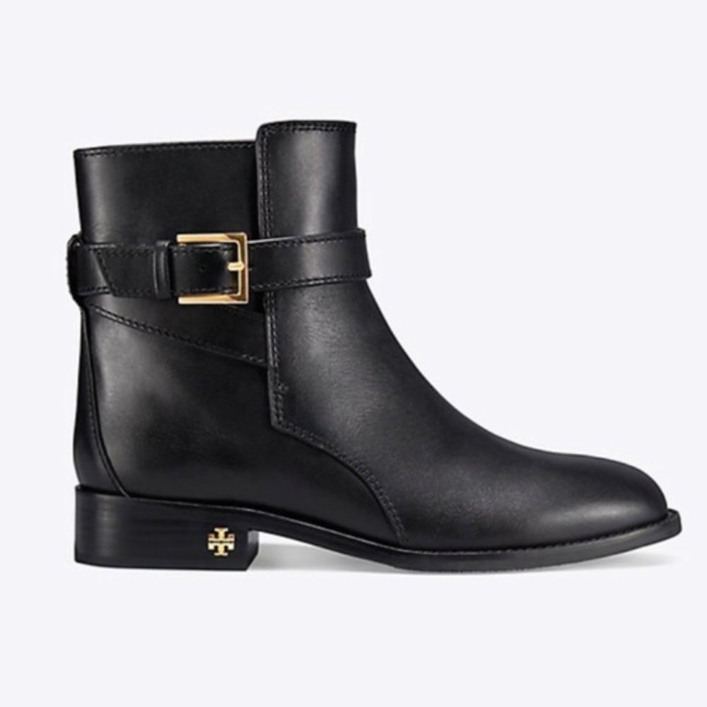 Tory Burch Brooke Ankle Boots Leather Bootie Double-T Buckle Black
